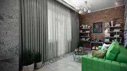 Шторы в интерьере гостиной в стиле лофт