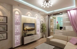 Interior of a living room in an apartment of 18 sq m with a balcony