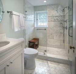 Interior of a bathroom with shower in a wooden house