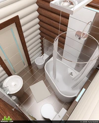 Interior of a bathroom with shower in a wooden house