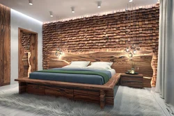 Wooden bed in the bedroom interior photo