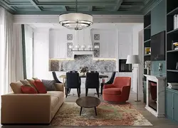 Living room kitchen design photo 32 sq.m.