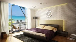 Bedroom design in a modern style photo with photo wallpaper