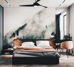 Bedroom design in a modern style photo with photo wallpaper