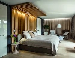 Wooden Slats On The Wall In The Bedroom Interior