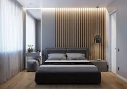 Wooden slats on the wall in the bedroom interior