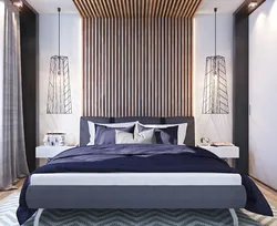 Wooden slats on the wall in the bedroom interior