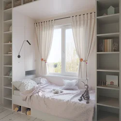 Bedroom design with wardrobe around window