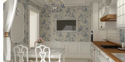 Wallpaper with small flowers in the kitchen interior