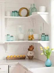 Corner shelves in the kitchen interior