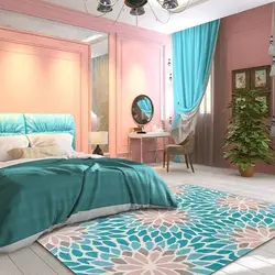 Yataq otağının interyerində firuzəyi rəngin başqaları ilə birləşməsi
