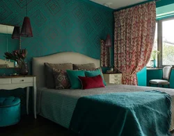 Combination of turquoise color with others in the bedroom interior