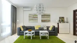 Living room interior with light gray wallpaper
