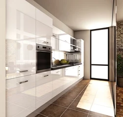 Kitchen interior with white glossy furniture