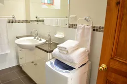 Vertical washing machine in the bathroom interior