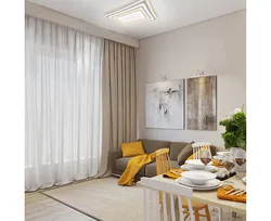 Müasir üslubda fotoşəkildə oturma otağı üçün ağ pərdələr