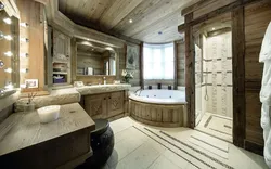 Design of a bath with toilet in a wooden house photo