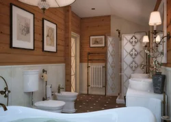 Design of a bath with toilet in a wooden house photo
