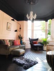 Gray suspended ceiling in the bedroom interior