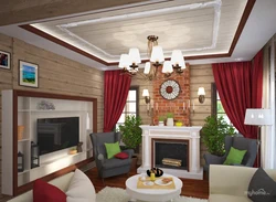 Living room kitchen design in a wooden house made of timber