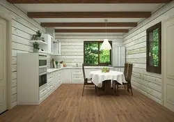 Living Room Kitchen Design In A Wooden House Made Of Timber