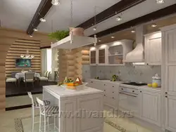 Сучасны дызайн кухні ў доме з бервяна