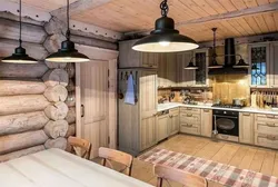 Современный дизайн кухни в доме из бревна