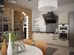 Современный дизайн кухни в доме из бревна