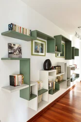 Modern shelves on the wall in the bedroom photo