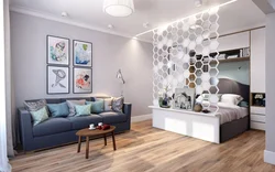 Living room interior with bed in apartment