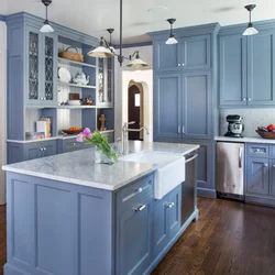 Blue-gray kitchen in the interior