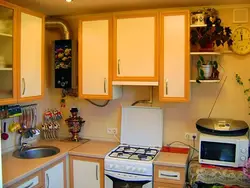 Kitchen design with a gas water heater in Khrushchev 6 sq.