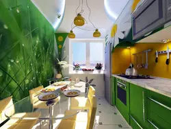 Green wallpaper in the kitchen interior