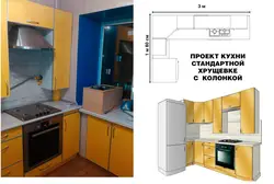 Kitchen With A Heater And A Refrigerator In Khrushchev Real Photos