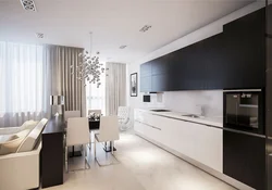 Современный дизайн гостиной и кухни в белых тонах