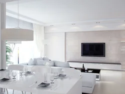 Modern living room and kitchen design in white colors
