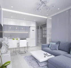 Modern living room and kitchen design in white colors