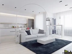 Modern living room and kitchen design in white colors