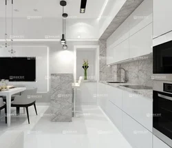 Modern living room and kitchen design in white colors