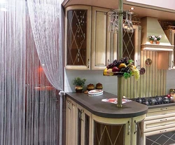 Thread curtains for the kitchen in the interior real photos