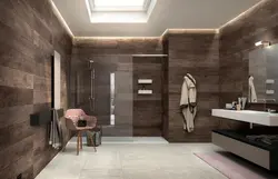 Wood-look porcelain tiles on the wall in the bathroom photo
