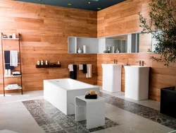 Wood-Look Porcelain Tiles On The Wall In The Bathroom Photo