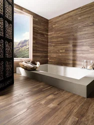 Wood-Look Porcelain Tiles On The Wall In The Bathroom Photo