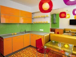Orange kitchen in the interior photo with what kind of wallpaper and curtains