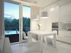 Kitchen with panoramic window in apartment photo design