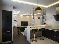 Дызайн кухні з барнай стойкай сталом і канапай