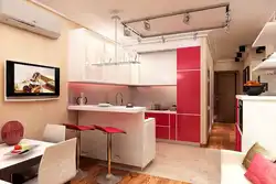 Kitchen design with bar counter, table and sofa