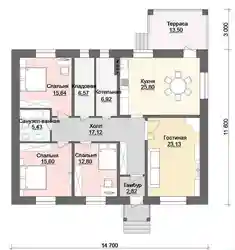 Interiors of one-story houses with 3 bedrooms