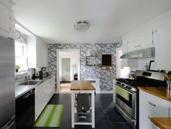 Combination of white kitchen with wallpaper photo