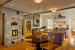 Living room interior with stove in the house